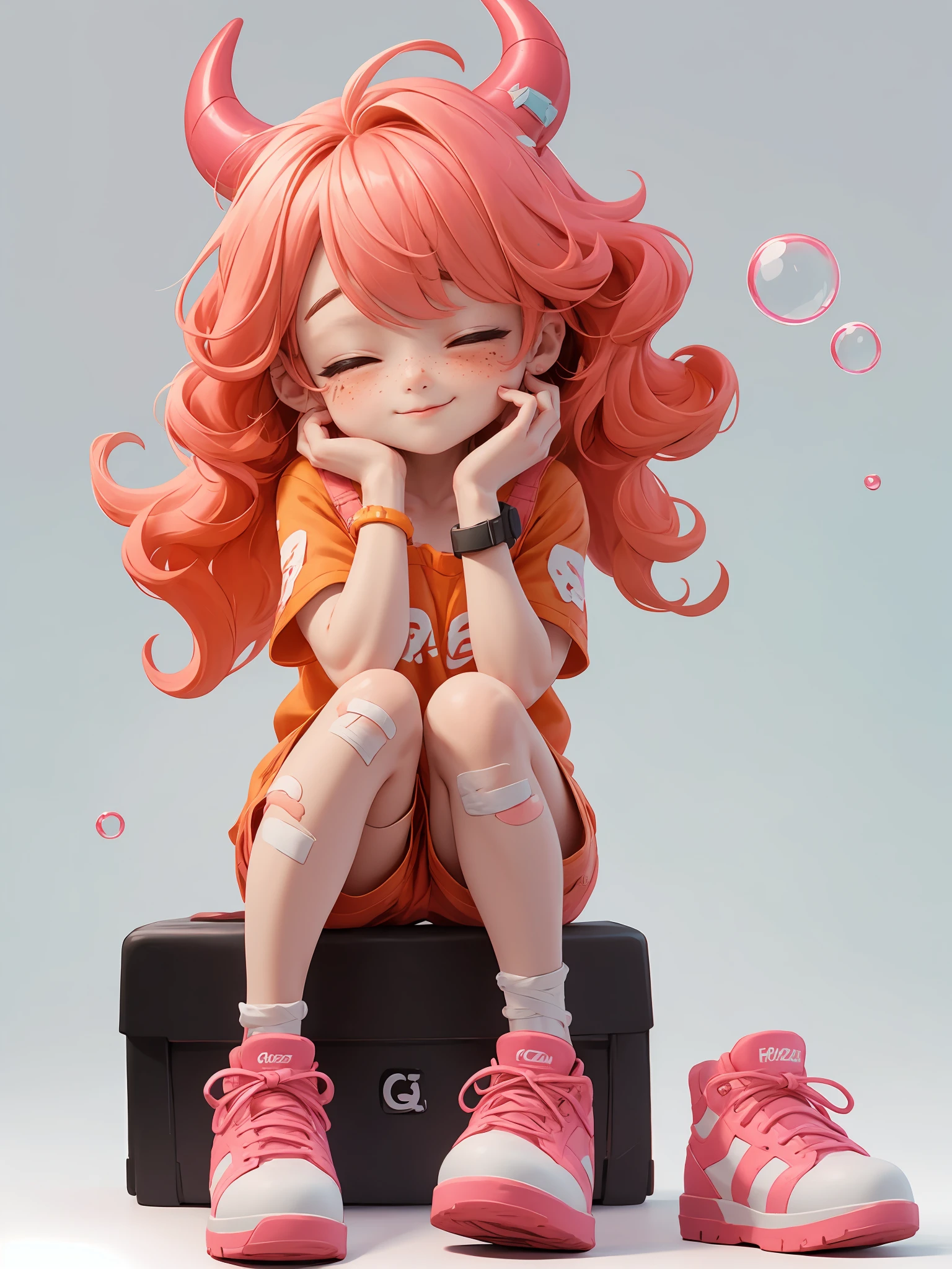 hezi, 3d, Bubble Mart, rich color, q version, 1girl, freckles, closed eyes, solo, shirt, sitting, shorts, jewelry, horns, long hair, bangs, shoes, closed mouth, pink hair, orange shirt, bandaid on knee, full body, red hair, facing viewer, short sleeves, white background, child, bandaid, earrings, grey background, simple background, bandaid on leg, red footwear, blush, torn clothes, bandages, artist name, female child, gradient, smile, gradient background, bracelet, pink skin, red shirt, hand up, pink footwear, overalls, curly hair, brown footwear, hand on own face<lora:Bubble Mart-000004:0.6>