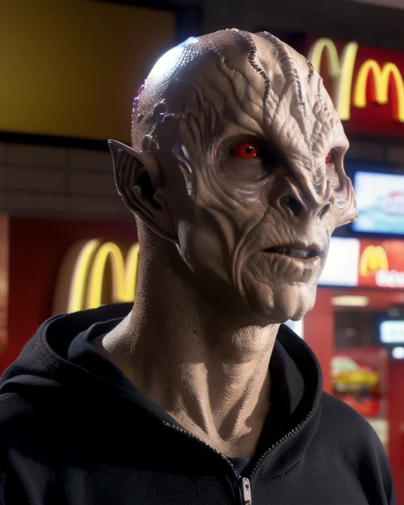 <lora:nakuhl_lora:0.8>, nakuhl, male, alien, bald, greyish beige skin, bony bat-like nose, pointed ridged ears, pointed cheekbones, red eyes, wearing a black hoodie, (wide shot:1.2), (half length:1.3), inside mcdonald's