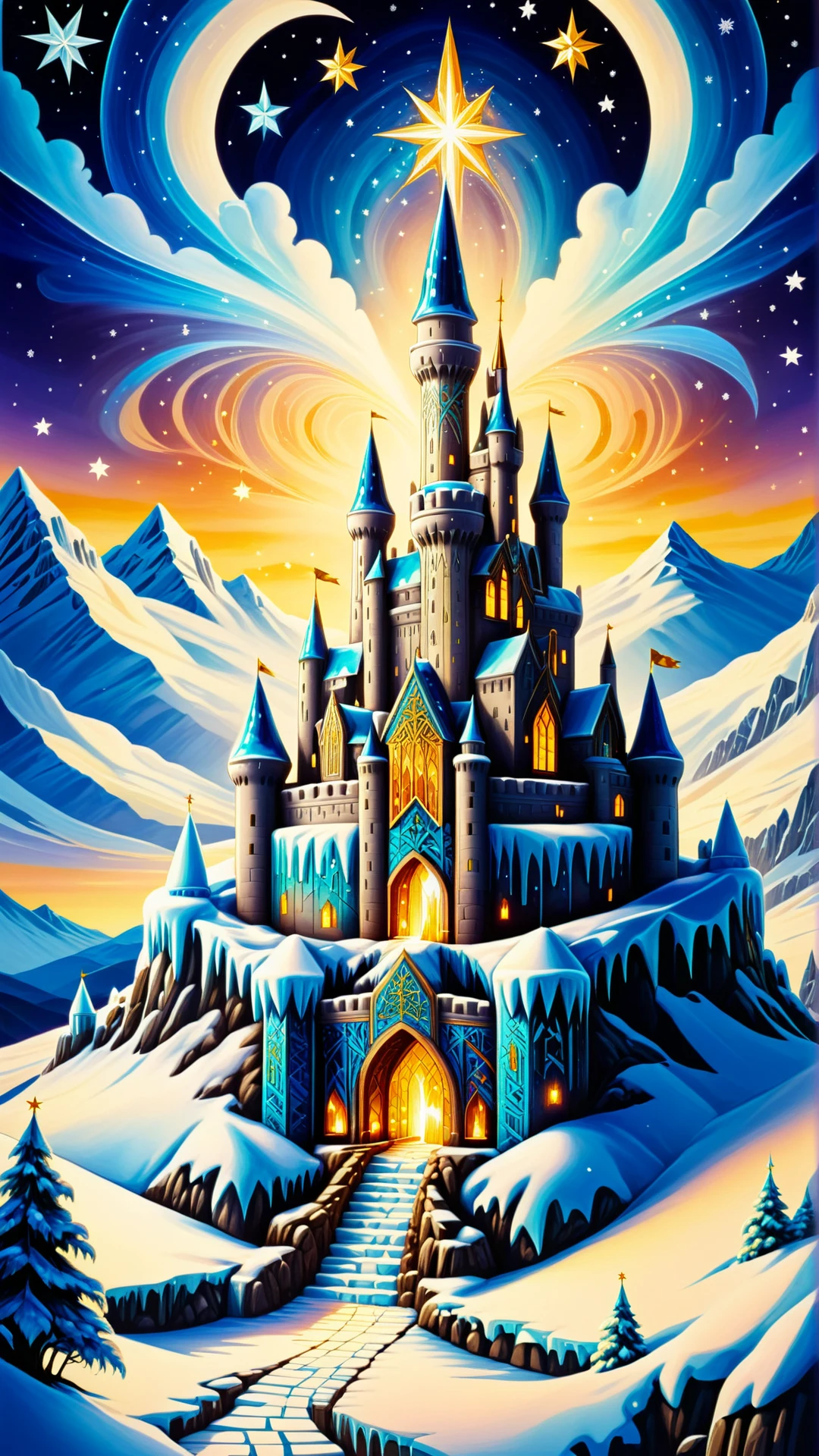 <lora:GaelicPatternStyleXL:1> GaelicPatternStyle an illuminated ice castle in an enchanted snow land under a star-studded sky