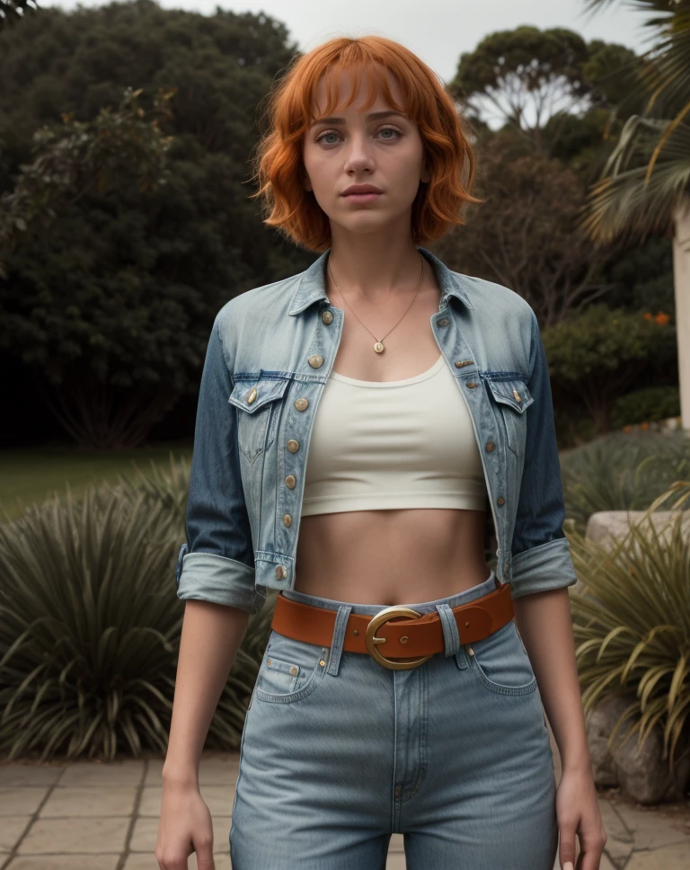cinematic film still <lora:quiron_EmilyRuddNami_v1_Lora:0.87> EmilyRuddNamiQuiron, best quality, highres, nami (one piece), athletic body, midriff, belt, jeans, denim, short hair, orange hair, . shallow depth of field, vignette, highly detailed, high budget Hollywood movie, bokeh, cinemascope, moody, epic, gorgeous, film grain, grainy