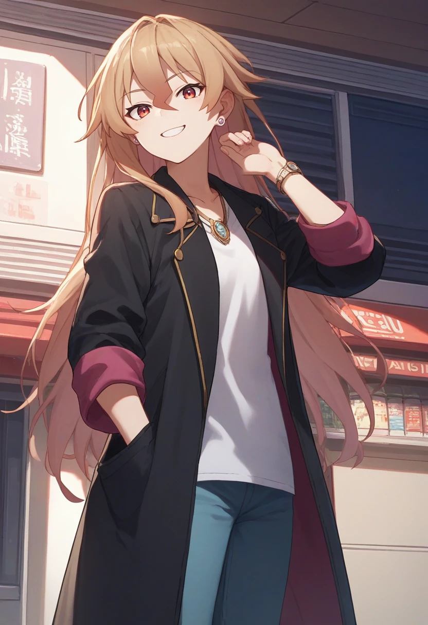 score_9, score_8_up, score_7_up, source_anime, solo, 1girl, hulemy, smile, looking at viewer, standing, black jacket, shirt, pants, jewelry, earrings <lora:rebornasavm_hulemy_ponyXL:1>
