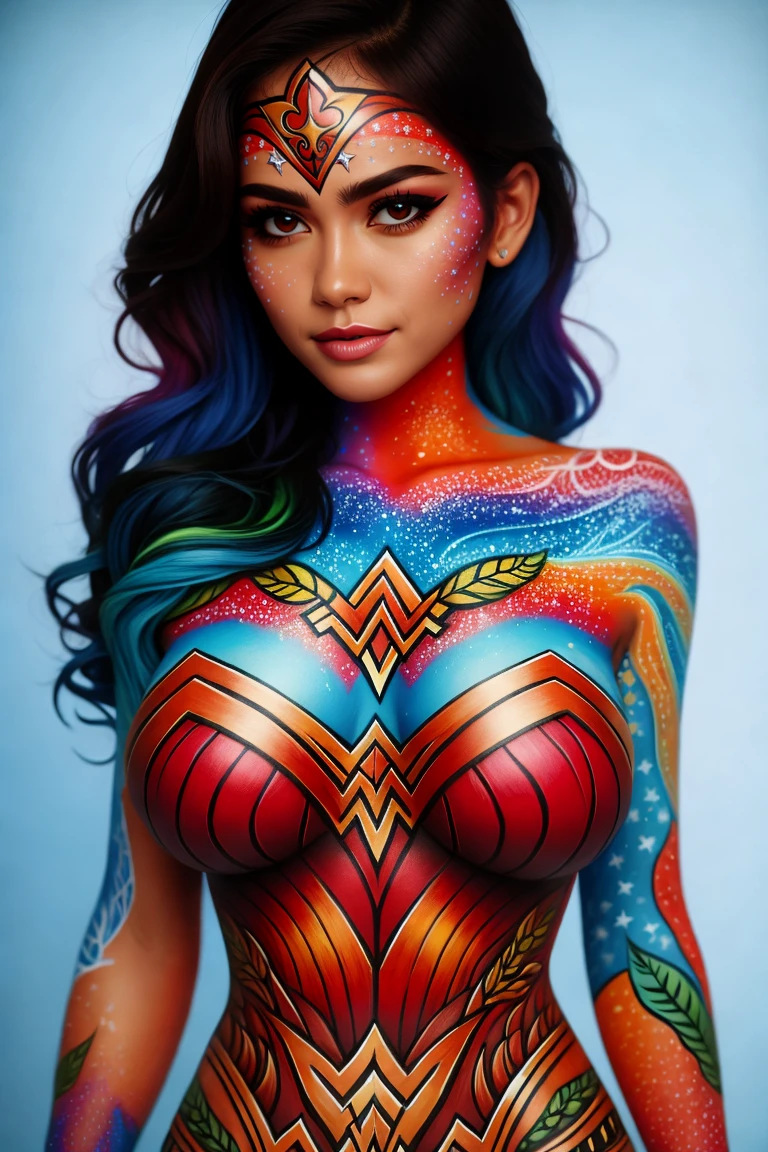 (((Ultra-HD-quality-details))) 1girl, colorful-ww-body-painting, huge breasts, cleavage , long hair, looking at viewer <lora:ww-body-painting:0.8>