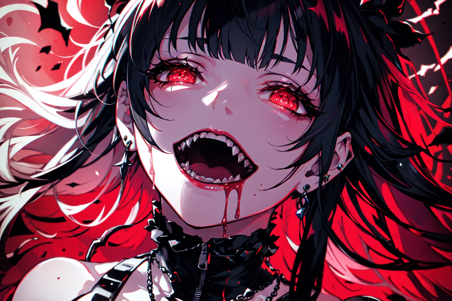 best quality,masterpiece,realistic,1girl, solo, open mouth, blood, jewelry, teeth, bangs, long hair, earrings, zipper, red eyes, black hair, glowing, blood on face, blunt bangs