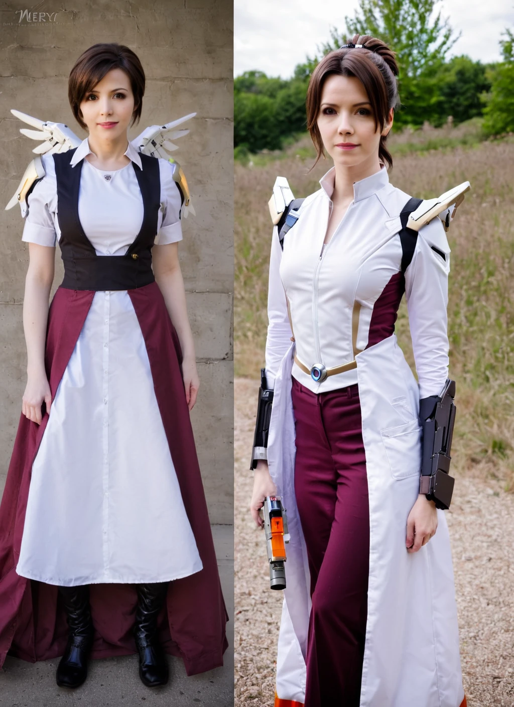 mercy from overwatch, dressed as clara oswald from doctor who, cosplay comparison, medium shot photo