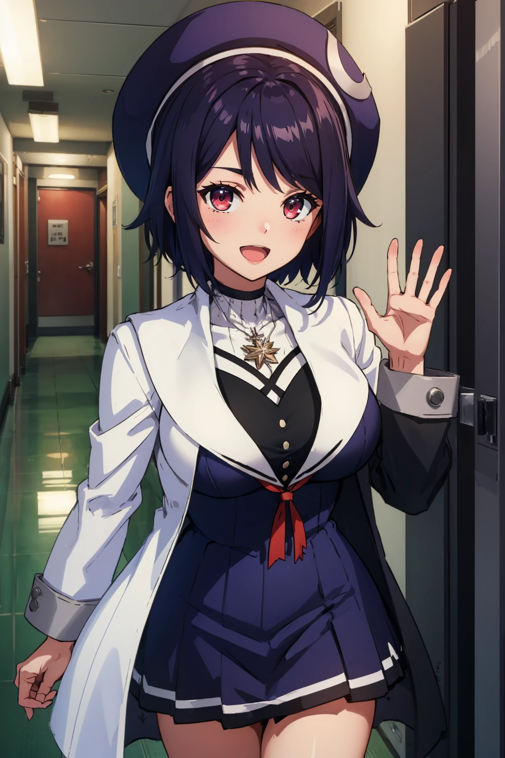 masterpiece, best quality, <lora:otodamatamako-nvwls-v1-000010:0.9> otodama tamako, black beret, necklace, sailor collar, white and black coat, purple dress, large breasts, :D, hallway, waving, looking at viewer