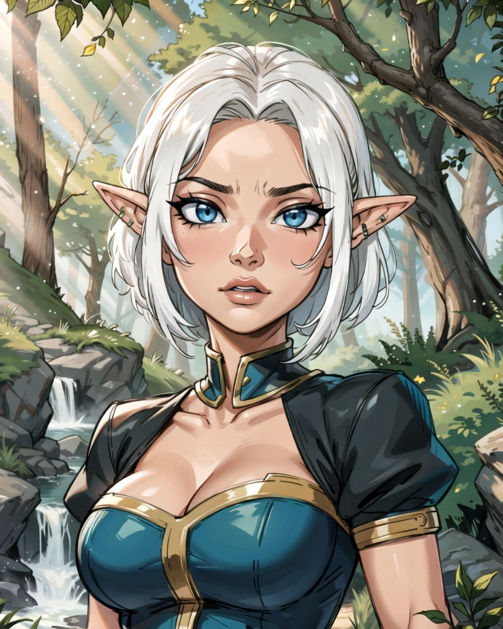 ((masterpiece), best quality, high quality, professional quality, highly detailed, highres, perfect lighting, natural lighting), Thief, Legend, Average Height, Sculpted, Round Face, Tan Skin, White Hair, blue Eyes, Short Nose, Pouty Lips, Prominent Chin, Extended Goatee, Long, Bald, A lush elven forest, filled with towering trees and sparkling streams, perfecteyes eyes, <lora:lora_perfecteyes_v1_from_v1_160:1>