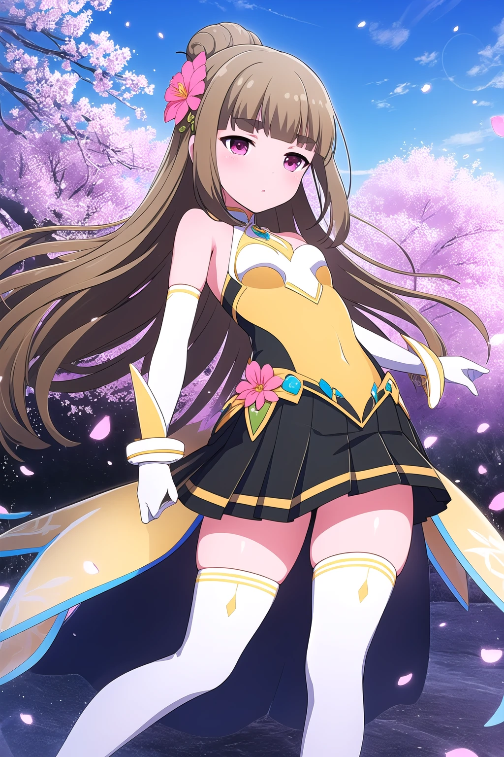 (masterpiece, best quality), highly detailed background, perfect lightingbest quality, fujimiyasakura, solo, outdoors, magical girl, light brown hair, single hair bun, broonch, pink flower, hair flower, hair ornament, blunt bangs, long hair, sidelocks, thick eyebrows, pink eyes, small breasts, yellow bodysuit, bracelet, white gloves, elbow gloves, black skirt, pleated skirt, white thighhighs, closed mouth, pink lips, <lora:Fujimiya-Sakura:0.7>