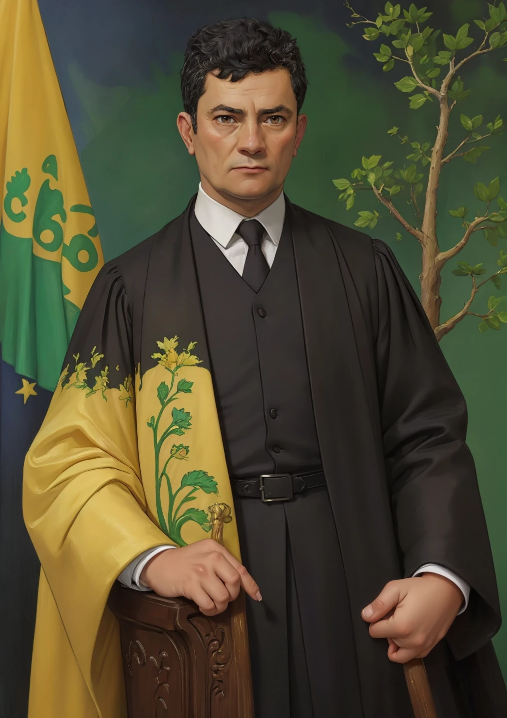 portrait painting of (sergiomoro) as judge, judge clothes, judge robe, judge gown, black clothes, brazilian flag, [green and yellow flag], impressionism, detailed and intricate, Hasselblad, classic painting, court background, (oil on canvas) <lora:sergiomoro:0.85> <lora:oil_painting:0.5> bichu