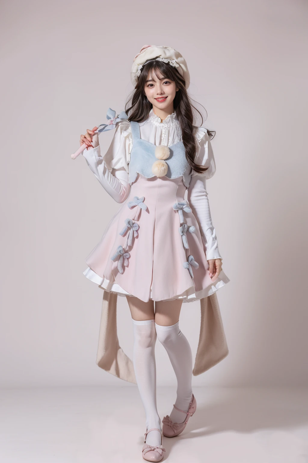 best quality, masterpiece, realistic, photorealistic, 1girl, solo, looking at viewer, smile, long black hair, bangs, standing, full body, cyb dress, pink dress, dress, pom pom, bow, long sleeves, puffy sleeves, hat, white thighhighs, pink shoes, simple background, pink background, <lora:cute_attire_style2_v1:0.75>