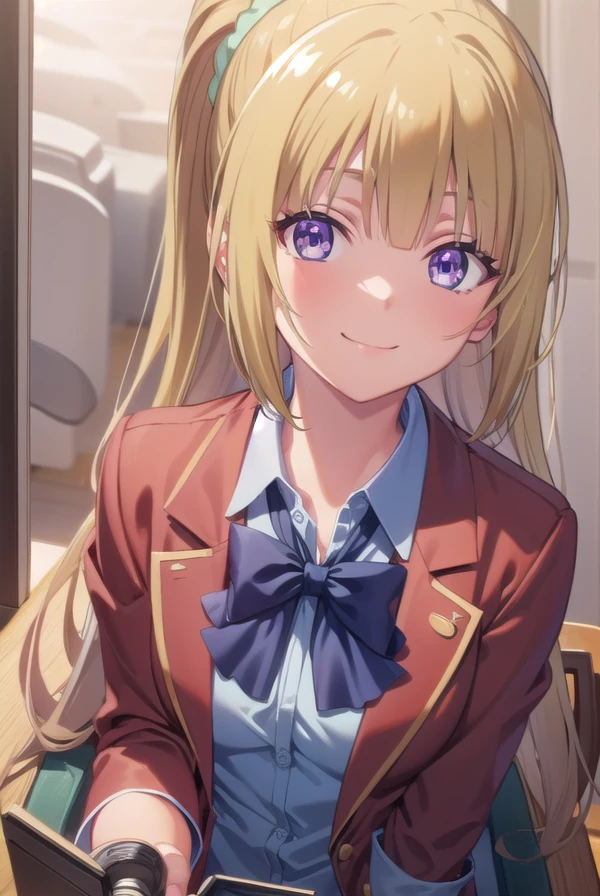 keikaruizawa, <lora:kei karuizawa s2s3-pruned-lora-nochekaiser:1>, 
kei karuizawa, long hair, bangs, blunt bangs, (purple eyes:1.1), blonde hair, shirt, hair ornament, ponytail, scrunchie, blue scrunchie, smile,
BREAK skirt, shirt, bow, school uniform, jacket, (red jacket:1.2), pleated skirt, bowtie, sweater, (blue bow:1.2), (blue shirt:1.2),
BREAK indoors, classroom,
BREAK looking at viewer, (cowboy shot:1.5),
BREAK <lyco:GoodHands-beta2:1>, (masterpiece:1.2), best quality, high resolution, unity 8k wallpaper, (illustration:0.8), (beautiful detailed eyes:1.6), extremely detailed face, perfect lighting, extremely detailed CG, (perfect hands, perfect anatomy),