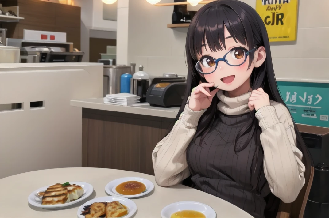 masterpiece, best quality,
1girl, solo, glasses, black hair, long hair, white ribbed sweater, happy, smile, looking at viewer, open mouth, solo focus, sitting, across table, 
gyouza, plate, food focus, still life, food, realistic, bottle, table, alcohol
 <lora:gyouza_SD15_V1:0.8>