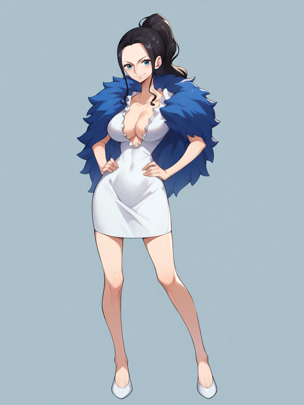 score_9, score_8_up, score_7_up, score_6_up, score_5_up, score_4_up, BREAK, source_anime, 1girl, nico robin wearing a white dress with a blue feather boa, nicogold, clothing cutout, short dress, cleavage, blue eyes, black hair, ponytail,
smile, solo, full body, standing, hands on hips, looking at viewer, simple background <lora:NicoRobinGoldXL:1>