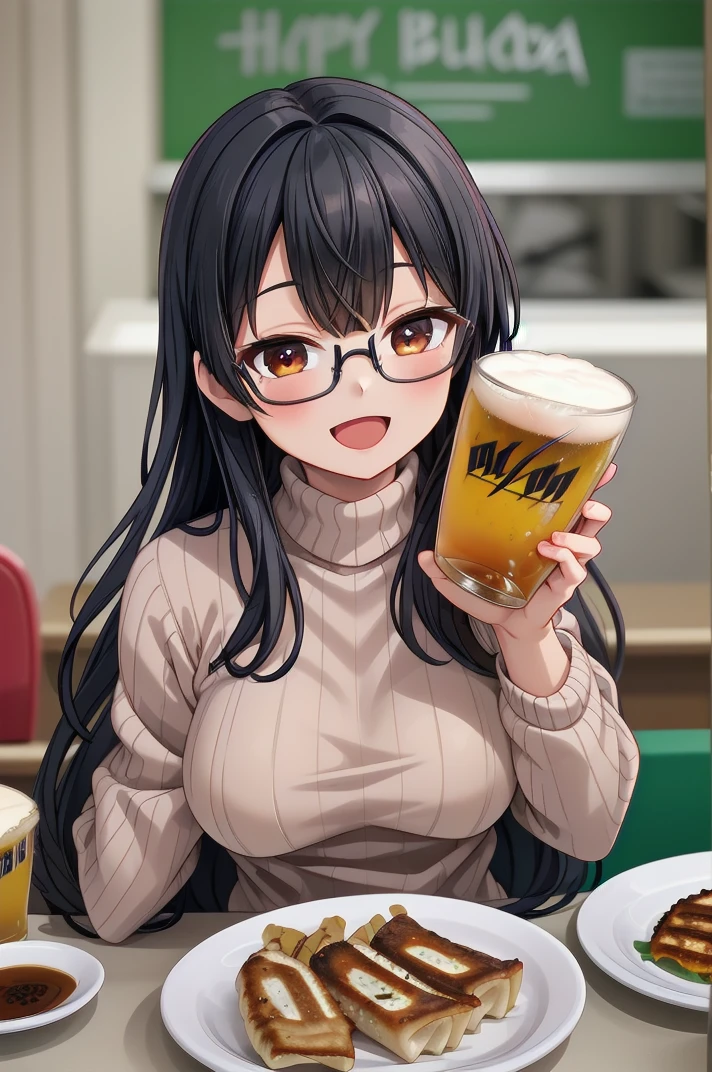 masterpiece, best quality,
1girl, solo, glasses, black hair, long hair, white ribbed sweater, happy, smile, looking at viewer, open mouth, solo focus, sitting, across table, 
gyouza, plate, still life, food, realistic, blurry, food focus, blurry background, depth of field, beer, indoors, bottle
<lora:gyouza_SD15_V1:0.8>