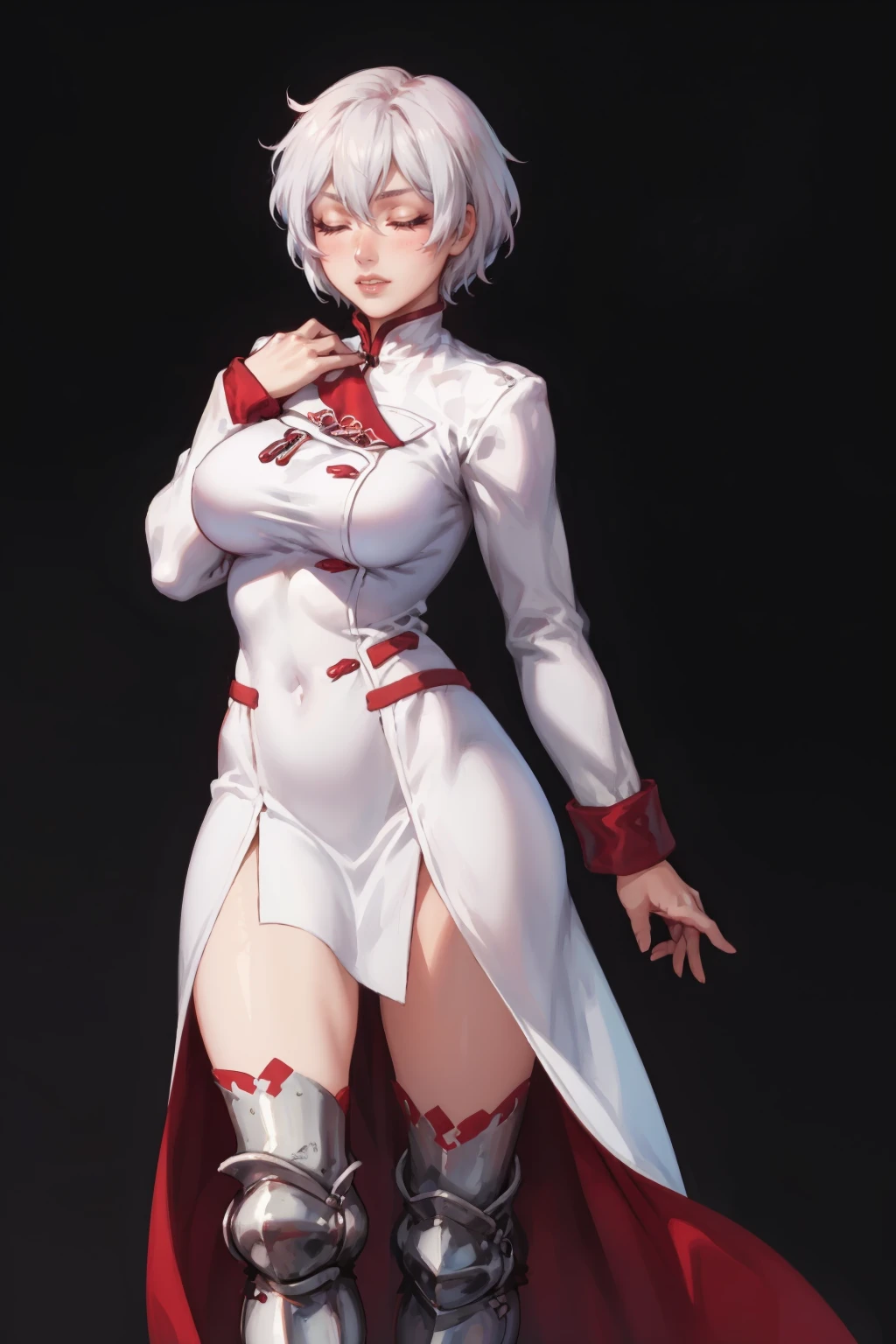 an angel with dark skin, white wings, black dress with a small neckline, red eyes, black cape, long straight white hair, baby bangs. Sexy pose, moody color palette, volumetric light effects