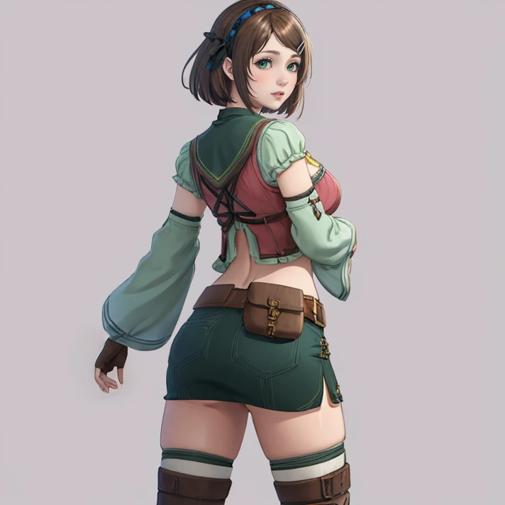 cowboy shot, solo, <lora:ninaDeforgesStarOcean6:0.8>, nina_deforges, 1girl, brown hair, green eyes, cleavage, hair ornament, hairclip, short hair, navel, jewelry, fingerless gloves, thighhighs, large breasts, skirt, belt, (from behind:1.2), looking back, (masterpiece, best quality)