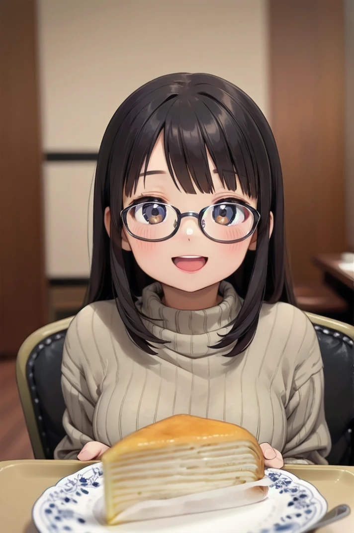 masterpiece, best quality,
1girl, solo, glasses, black hair, long hair, white ribbed sweater, happy, smile, looking at viewer, open mouth, solo focus, sitting, across table, 
millecrape, plate, food, food focus, blurry, cake, still life, blurry background, table, cake slice, indoors, depth of field, realistic
 <lora:millecrape_SD15_V1:1>