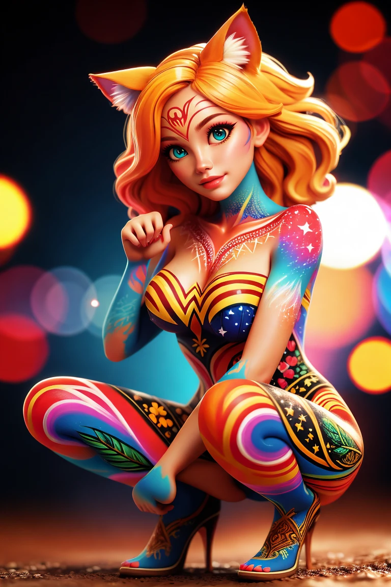 (((Ultra-HD-quality-details))) 1girl, colorful-body-painting, ww-body-painting , blond, heterochromia, paw pose, nekomimi, huge breast, looking at viewer, nature, ((bokeh)) , day, lit, squatting <lora:ww-body-painting:0.8>