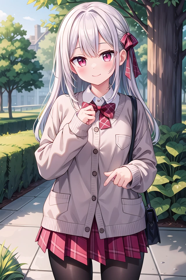 insanely detailed, absurdres, ultra-highres, ultra-detailed, best quality,
1girl, solo, nice hands, perfect hands
BREAK
(School Uniforms:1.2), (pink cardigan is fit body:1.4), ((do up a buttons, not loose):1.5), ((long sleeve, sleeves past wrists):1.2), (inner wear is white collared-shirt:1.3), (red plaid-pattern bow:1.3), (red plaid-pattern pleated skirt:1.3), ((dark-brown pantyhose, loafers):1.2)
, (cleavage:-1.5)
BREAK
happy smile, laugh, closed mouth
BREAK
(45 angle:-1.5), (from side:-1.5),
standing, cowboy shot, looking at viewer
BREAK
slender, kawaii, perfect symmetrical face, ultra cute girl, ultra cute face, ultra detailed eyes, ultra detailed hair, ultra cute, ultra beautiful
BREAK
in forest, depth of field, ultra detailed background
BREAK
medium large breasts
BREAK
(grey hair, red eyes), spiked hair,