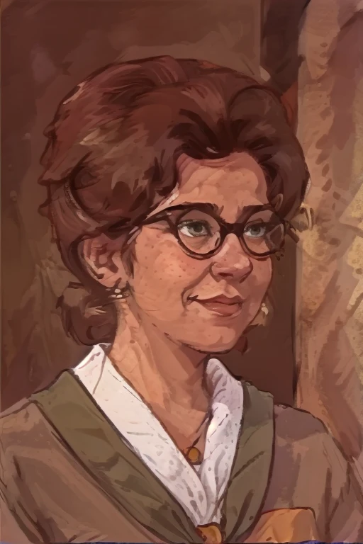 <lora:Connie Bake:1.0> connie_tpir, woman, middle age, brown hair, hair in bun, hoop_earrings, 1960s, black frame glasses, green_robe, nametag on chest, jewelry, necklace, smile,  <lora:Moose Bay12:0.95><lora:LCM_SD15:1.0>