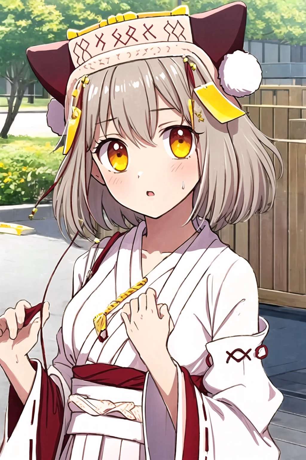 IWS, 1girl, solo, yellow eyes, short hair, hat, miko clothes, feet, panties, camel toe
