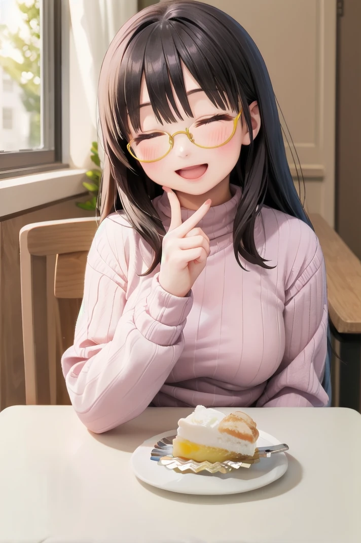 masterpiece, best quality,
1girl, solo, glasses, black hair, long hair, white ribbed sweater, happy, smile, looking at viewer, closed eyes, open mouth, solo focus, sitting, across table, holding teacup, 
lemonpie, food focus, food, still life, realistic, plate, cake, pastry, dessert
 <lora:Lemonpie_SD15_V1:1>