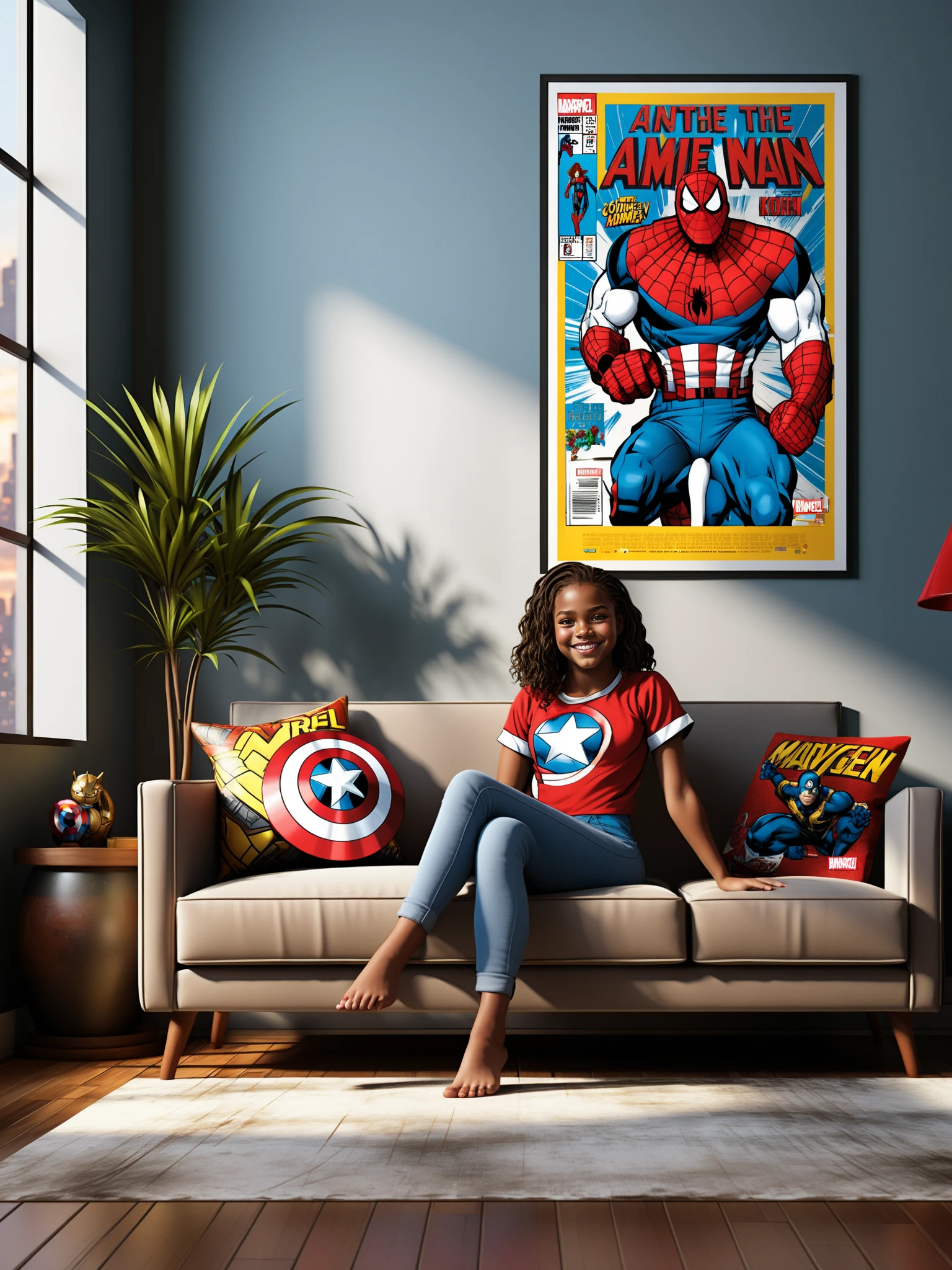 interior design,<lora:indoorsXL_V1.0-000010:0.8>,bck,1girl sitting on the sofa,Marvel poster,(digital art by Courtney Mattison and Isaac Koene:1.2),looking at viewer,smile,