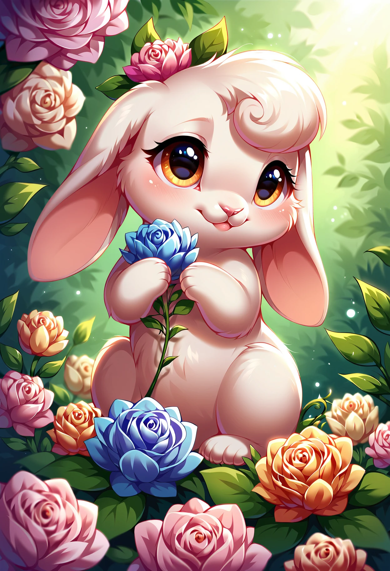 score_9, score_8_up, score_7_up, score_6_up, score_5_up, score_4_up, cute rabbit furry creature with oversized big beautiful eyes, floppy ears,fitting in a garden, whimsical background with sparkling flowers, pastel colors, high quality, extremely detailed, soft colors, 8k, beautiful, adorable