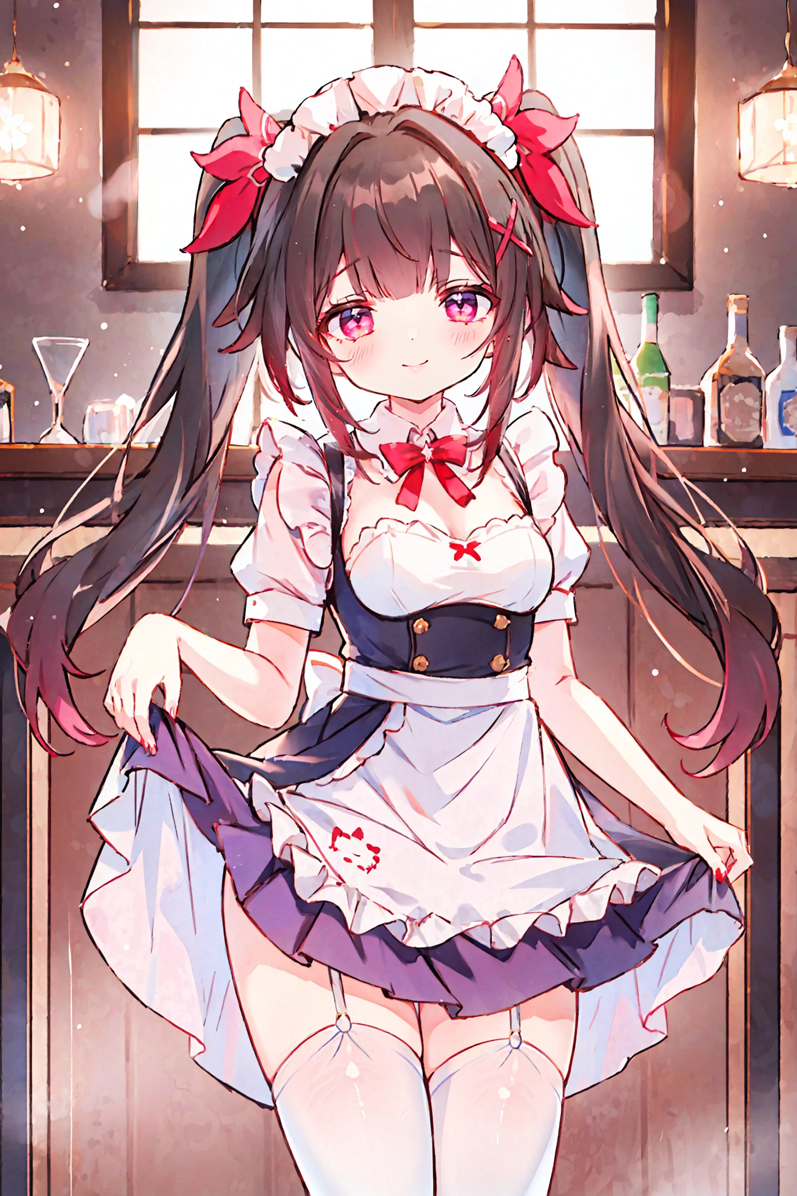 1girl, sparkle \(honkai: star rail\), twintails, solo, maid, maid headdress, maid apron, thighhighs, looking at viewer, high heels, (skirt hold, curtsey: 1.2), bar \(place\), indoors, depth of field, gasping, ecstasy, seductive smile, <lora:face-sensualface_type2:0.8>