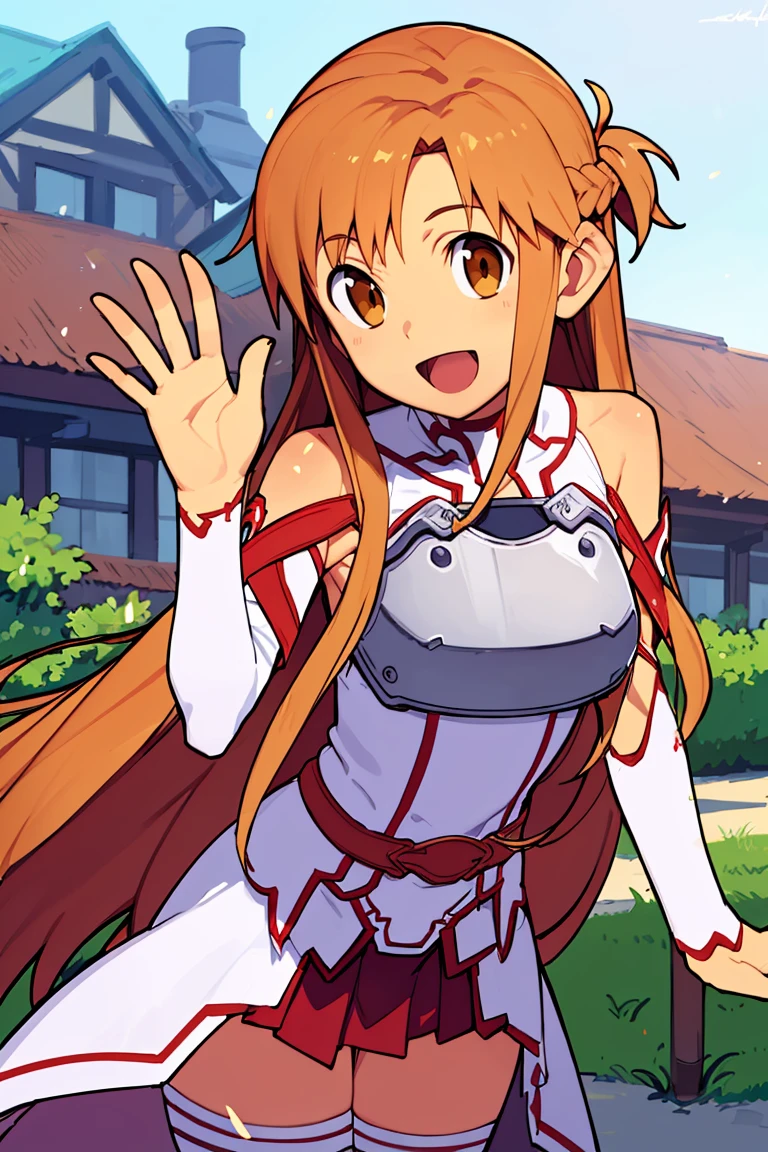 <lora:Sweet_CAT:0.8>,((masterpiece,best quality)), aaasuna, long hair, brown hair, braid, brown eyes, bare shoulders, armor, breastplate, white sleeves, detached sleeves, red skirt, pleated skirt, white thighhighs, <lora:asuna_(sao)_v1:0.7>, waving, smile, leaning forward, open mouth, town, fantasy,