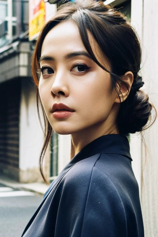 Best quality,masterpiece,ultra high res,(photorealistic:1.2),1girl,deep shadow,low key,(photorealistic:1.2),slim body,japanese street alley,dynamic pose,face closeup,<lora:jolin_tsai:0.9>,