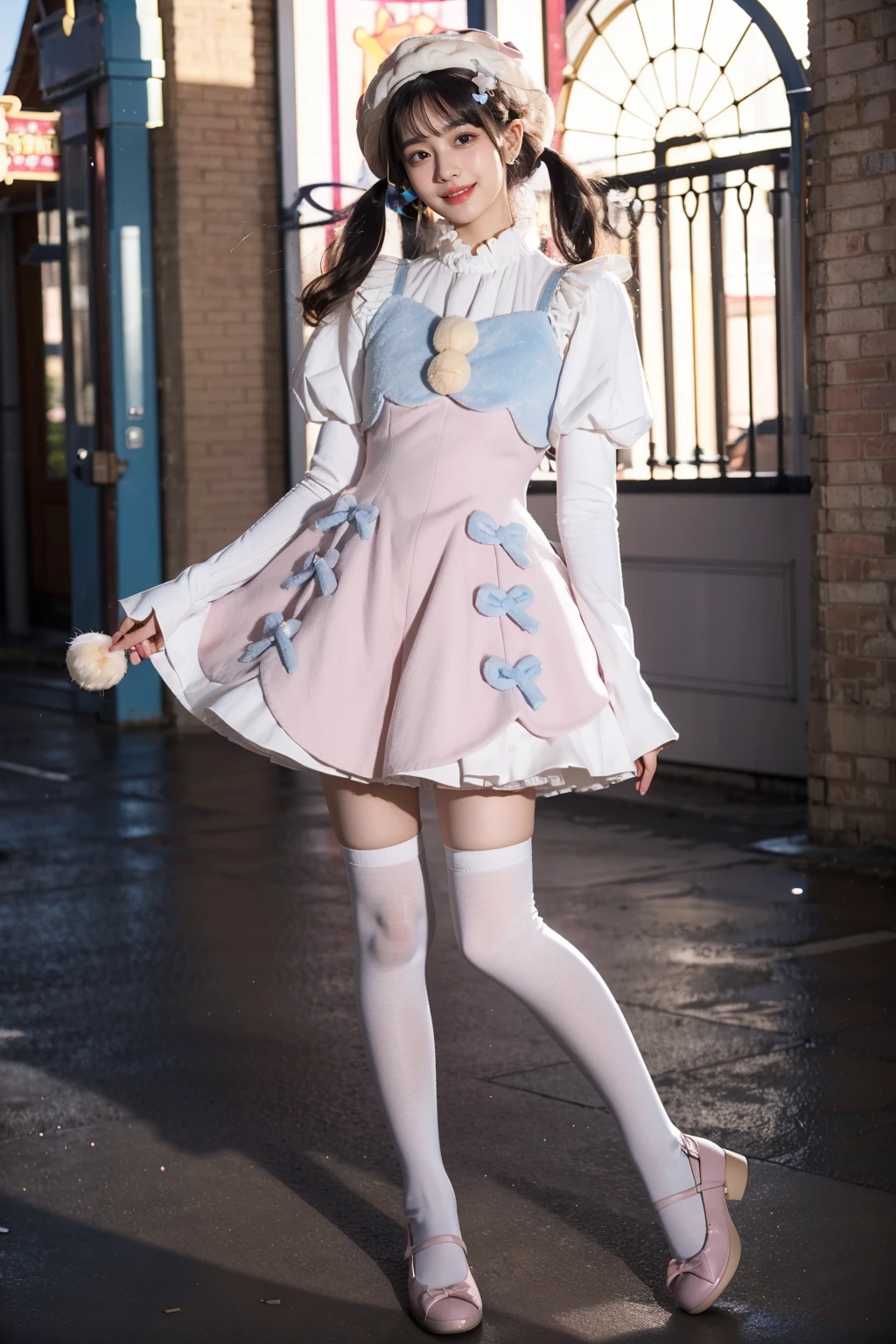 best quality, masterpiece, realistic, photorealistic, 1girl, solo, looking at viewer, smile, long black hair, bangs, standing, full body, cyb dress, pink dress, dress, pom pom, bow, long sleeves, puffy sleeves, hat, white pantyhose, pink shoes, simple background, pink background, <lora:cute_attire_style2_v1:0.75>