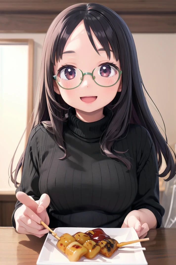 masterpiece, best quality,
1girl, solo, glasses, black hair, long hair, white ribbed sweater, happy, smile, looking at viewer, open mouth, solo focus, sitting, across table, 
mitarashidango, wagashi, realistic, food, food focus, still life, blurry, holding
 <lora:mitarashidango_SD15_V1:1>