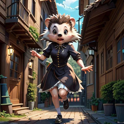 cute hedgehog ,in a beautiful old town in Italian,  ,(updo), (4k,  best quality, depth of field, ultra high res:1.1),(absurdres, intricate, masterpiece, ultra-detailed:1.1), anime style, illustration, flat colours ,illustration