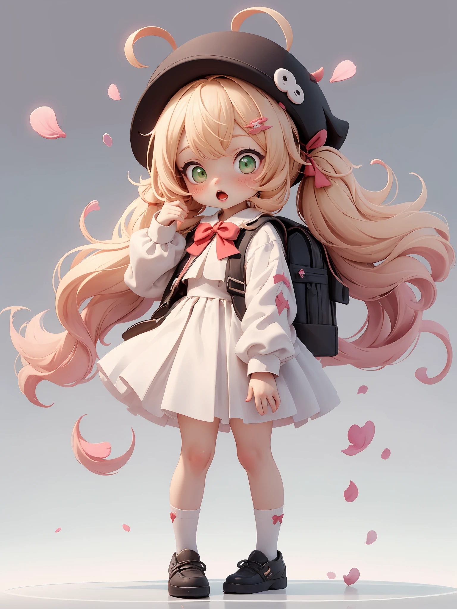 hezi, 3d, Bubble Mart, rich color, q version, 1girl, green eyes, hat, bag, ahoge, solo, twintails, hair ornament, looking at viewer, blonde hair, alternate costume, open mouth, bangs, backpack, randoseru, long sleeves, sidelocks, full body, kindergarten uniform, long hair, low twintails, shoes, simple background, socks, blush, petals, animal ears, reflection, standing, klee \(genshin impact\), light brown hair, dress, white headwear, skirt, short hair, virtual youtuber, :o, dodoco \(genshin impact\), teeth, bow, upper teeth only, hairclip, child, school hat, symbol-shaped pupils<lora:Bubble Mart-000004:0.6>