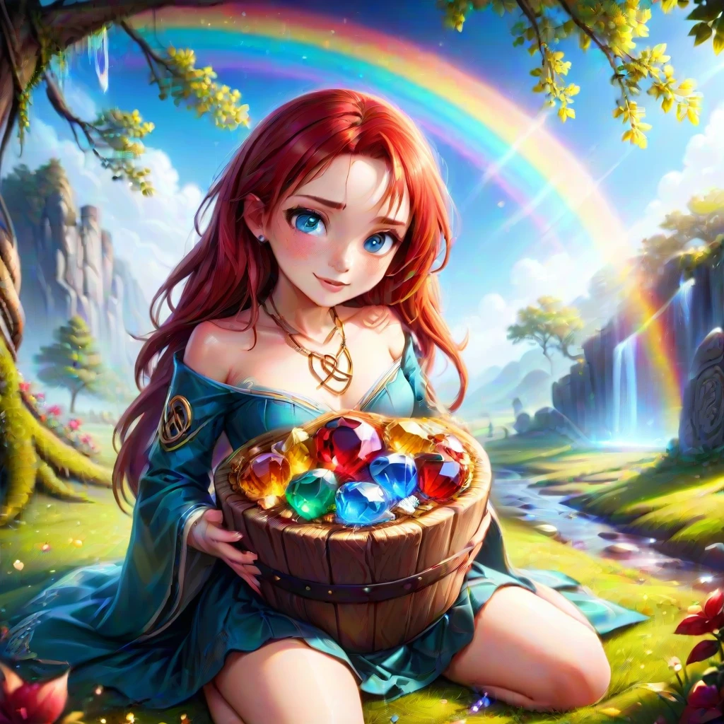 Masterpiece,absurd resolution,8k,BucketGoldUnderTheRainbow,celtic style,1girl,red hair,freckles,celtic clothes,happy,nice hands,,sitting,looking up,looking at viewer,view from above,detailed hands,cute girl holding on her lap big bucket of gold and gems, under rainbow, rainbow, no humans, gem, tree, crystal, scenery, treasure chest, outdoors, sky, gold, gems,<lora:BucketGoldUnderTheRainbowSDXL:1>, <lora:add-detail-xl:0.6>