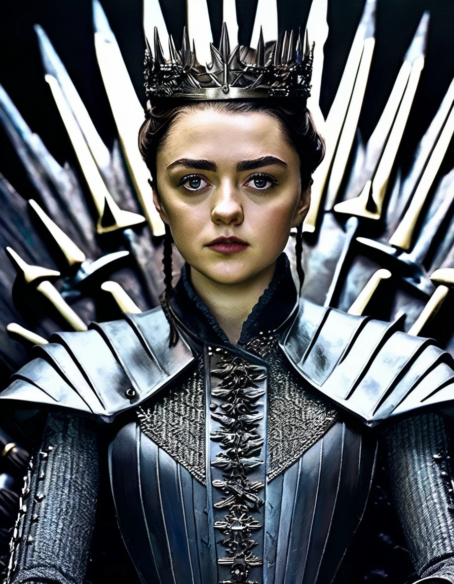 ,close-up ((oil painting:1.1)) of mswllmsarst woman , as Arya Stark, sitting on the iron throne  perfect face,  dark shot, dramatic, extremely detailed, intricate, elegant,fantasy, <lora:Maisie Williams:1.0>