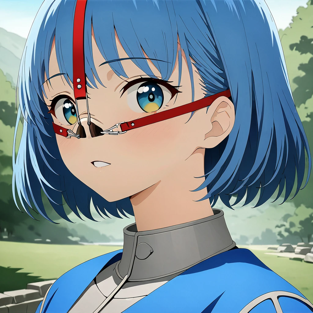 (8K, 16K,masterpiece, best quality, ultra-detailed,hi-res)1 girl,3waynosehook, front shot <lora:SDXL_new_3way_nosehook_anime_v1.1-000017:0.8>,outdoor,blue hair,knight cloth,upper body,side angle,look viewer,short hair,( hide ear hair:1.2)