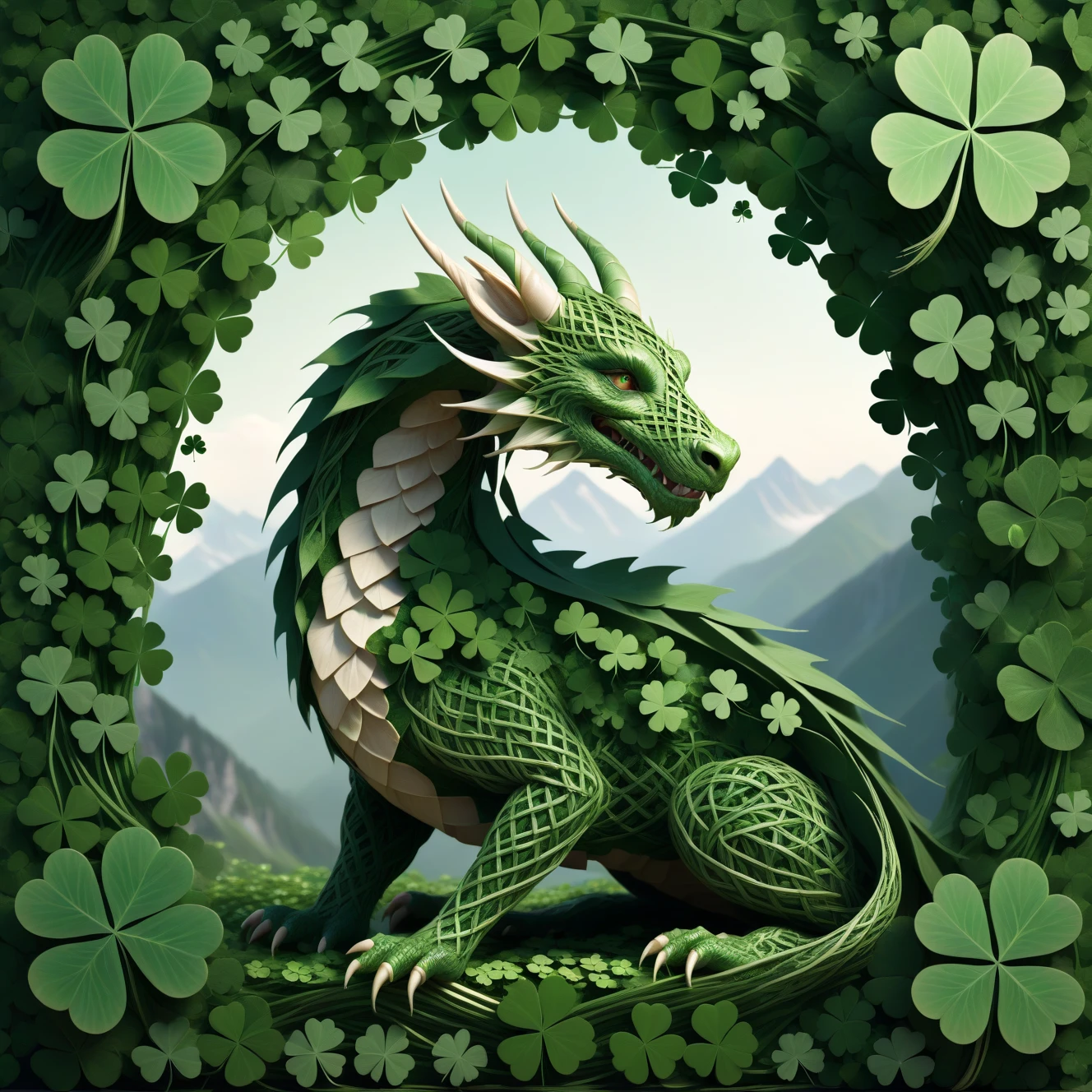 mountains,  HUD_shmrck,  dragon made of delicate shamrock clover leaves intricately woven together, <lora:Shamrocked:0.8>, creating a whimsical and ethereal look, highly detailed