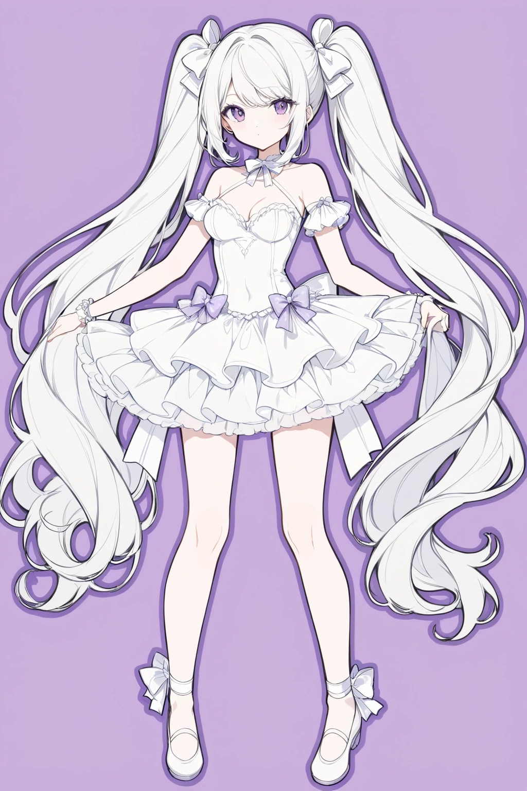 1girl, newest, late, tutu, medium breasts, breasts, silver hair, swept bangs, twintails, long hair, purple eyes,  ribbon, absurdres,  (lineart:0.4), thick outlines, (official art:0.5), best quality,