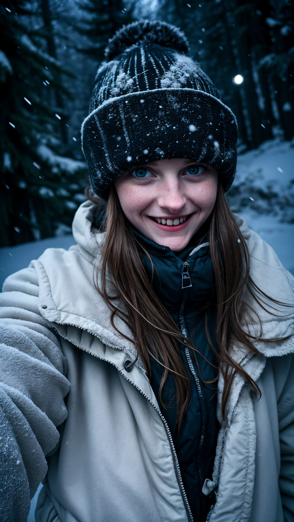 girl at night in the wood, selfie, dressed for trekking, winter,(( laughing)), at night, very dark, (infrared photography), without flash, grainy, ((motion blur)), ((blurry)),  walking, ((closeup)), (snowing)