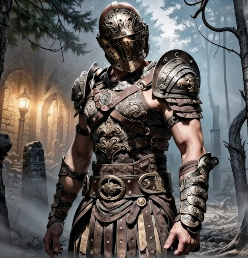 (masterpiece:1.2), (best quality,:1.2), 8k, HDR, ultra detailed, ((photorealistic)), professional light, cinematic lighting, ambient lighting,<lora:detail_slider_v4:1.5>, OverallDetail, 1man, a gladiator, <lora:Gladiator-10:0.56>, intricate bronze (lorica segmentata), bracers, belt, shoulder armor, cowboy shot, dynamic pose, in sinister ruins in a dark forest, FanRu <lora:FantasyRuins-10:0.7>, epiCPhoto