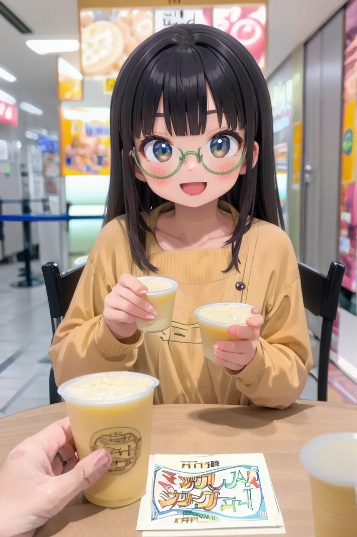 masterpiece, best quality,
1girl, solo, glasses, black hair, long hair, white ribbed sweater, happy, smile, looking at viewer, open mouth, solo focus, sitting, across table, 
mixjuice, cup, blurry, holding, blurry background, depth of field, holding can, english text, drink, pov, disposable cup, still life, food focus
 <lora:mixjuice_SD15_V1:1>