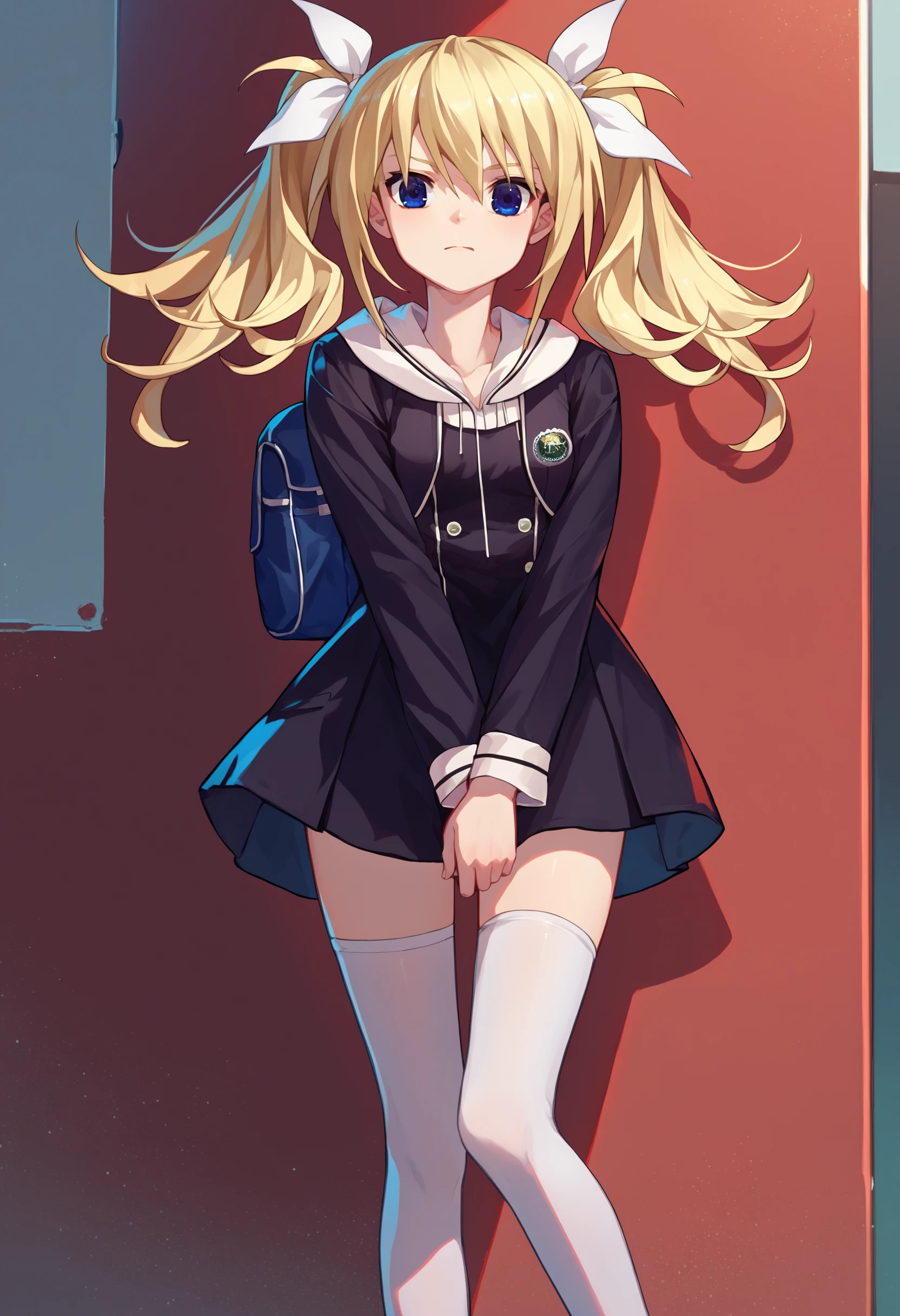 score_9, score_8_up, score_7_up, source_anime, 1girl, <lora:ArimuraCAME-000008:1>, HinaSchool, blue eyes, blonde hair, twintails, white hair ribbon, black short dress, patch, white thighhighs