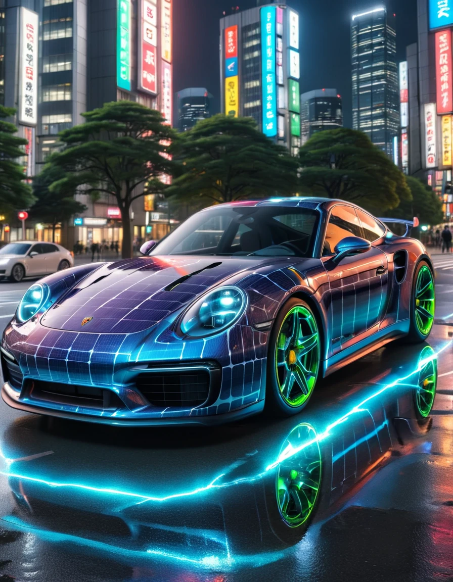 closeup shot, Porsche in Tokyo, neon paint, electromagnets as wheels, wheels of lightning, add detail, night photo, reflections, 4k, uhd, hdr, made out of ral-phtvoltc <lora:ral-phtvoltc-sdxl:1>