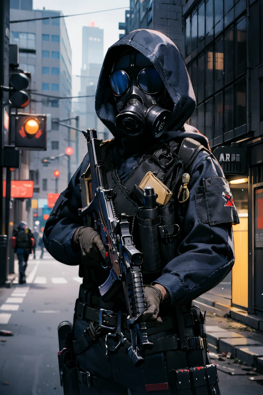 solo,1girl,outdoors,cityscape,(cowboy shot:1.2),standing,<lora:0309 British Special Air Service Counter-Terrorism Group_v1:0.9>,ruanyi0309,belt,bulletproof vest,gas mask,hood,police uniform,submachine gun,holding gun,gloves,, best quality,masterpiece,highres,official art,extremely detailed cg unity 8k wallpaper