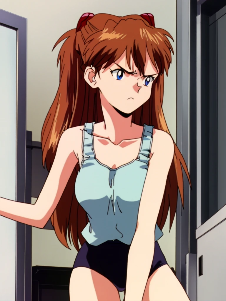 MRX,souryuu asuka langley,<lora:ææ¥é¦:1>,frown,tank top,bare shoulders,collarbone,indoors,shirt,v-shaped eyebrows,sleeveless,, 8k,masterpiece,best quality,high definition,