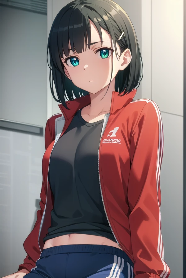 suguhakirigaya, <lora:suguha kirigaya s1-lora-nochekaiser:1>, 
suguha kirigaya, short hair, black hair, hair ornament, hairclip, (green eyes:1.3),
BREAK jacket, shorts, short shorts, blue shorts, track jacket, dolphin shorts, gym shorts, (red jacket:1.2), shirt, (black shirt:1.2),
BREAK outdoors, nature, forest, sun, sky,
BREAK looking at viewer, (cowboy shot:1.5),
BREAK <lyco:GoodHands-beta2:1>, (masterpiece:1.2), best quality, high resolution, unity 8k wallpaper, (illustration:0.8), (beautiful detailed eyes:1.6), extremely detailed face, perfect lighting, extremely detailed CG, (perfect hands, perfect anatomy),