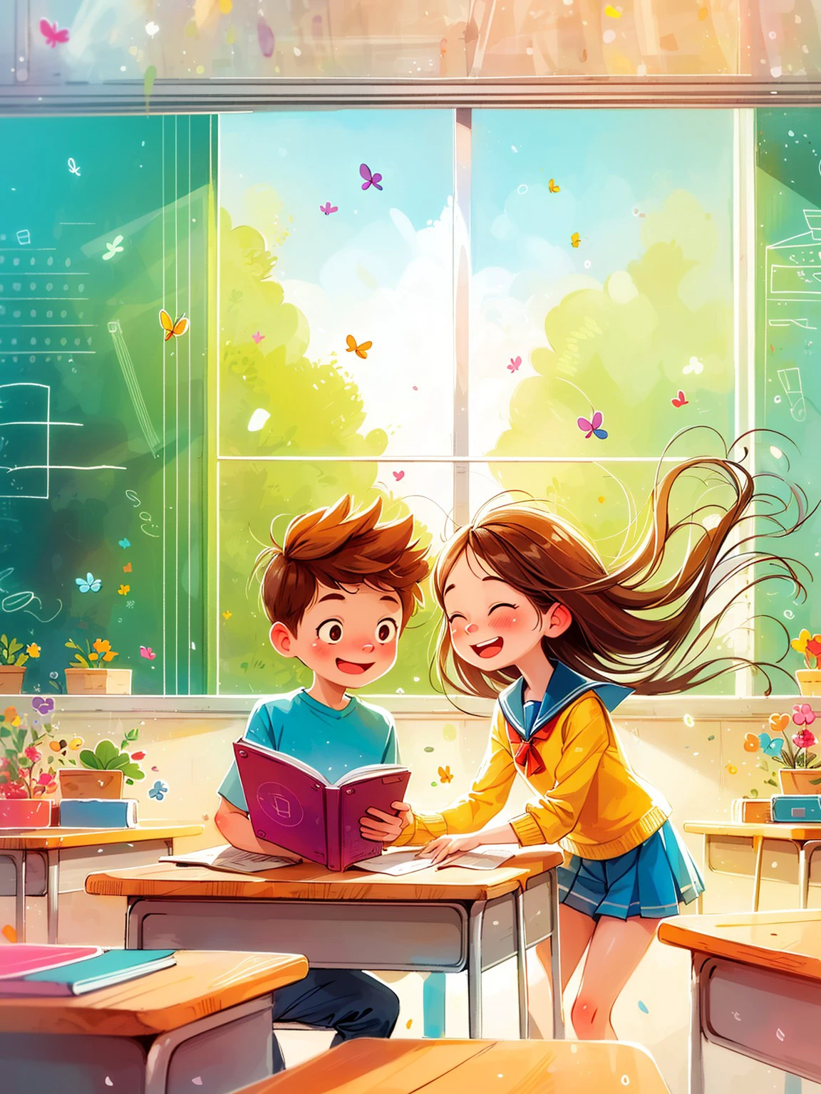 masterpiece, high quality, a boy and a girl, cute, play, in the classroom <lora:J_huiben:0.8> j_huiben