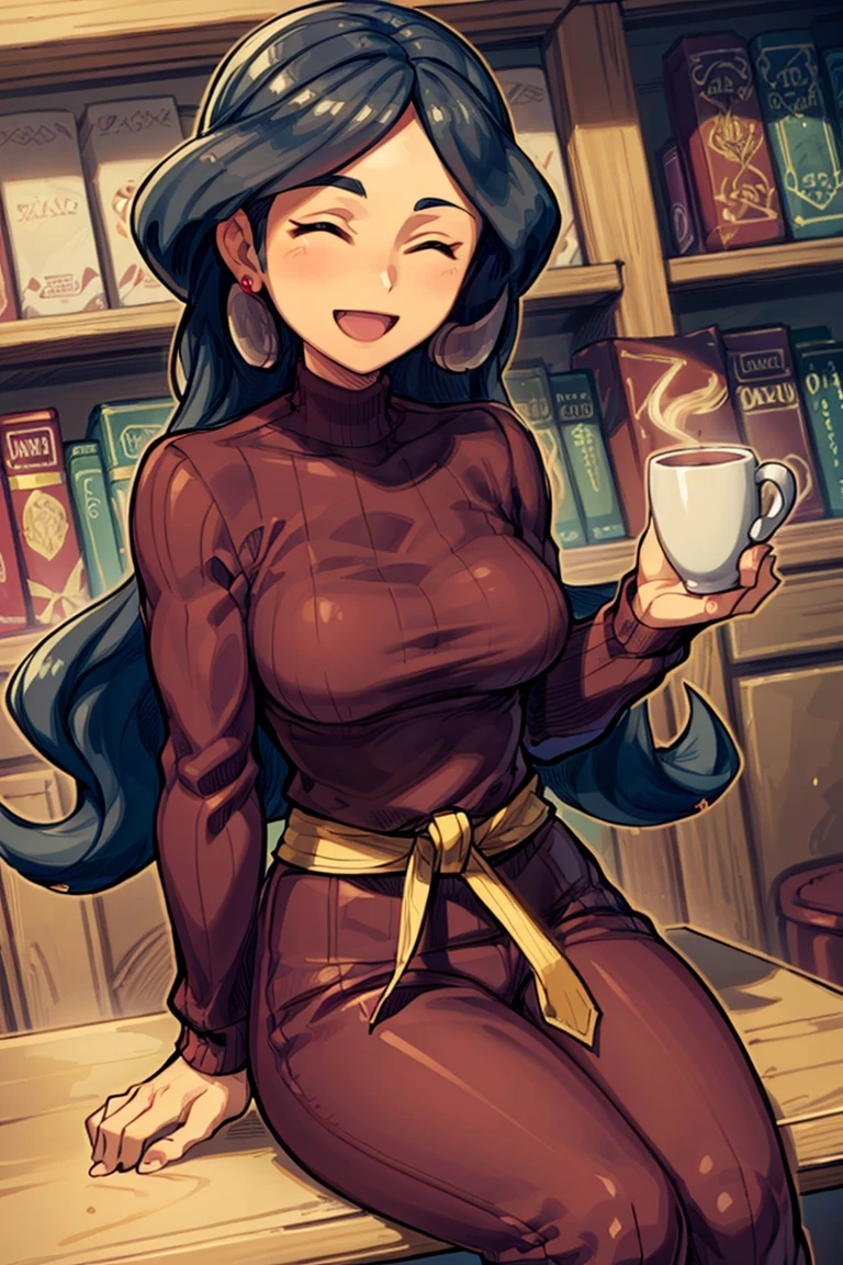 <lora:Bold_CAT:0.5>, <lora:more_details:0.5>, ((masterpiece, best quality)), <lora:Drasna_Pokemon_v2:0.8>, drasna (pokemon), 1girl, solo, long hair, black hair, closed eyes, smile, turtleneck sweater, earrings, library, cup of coffee, sitting at table