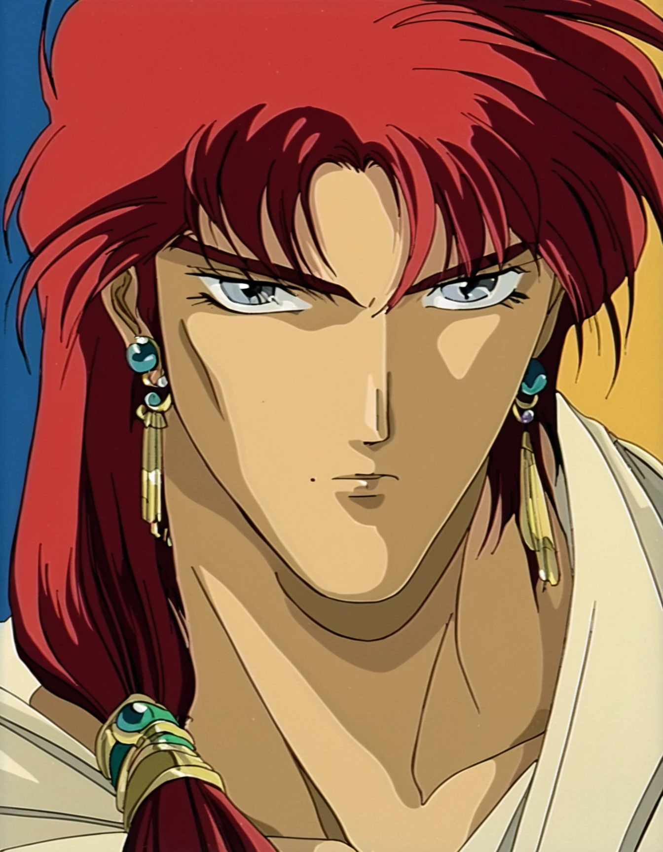 Arislan Retro Style, solo, 1boy, jewelry, male focus, red hair, earrings, dark skin, grey eyes, serious, retro artstyle, source_anime , <lora:ArislanPonyXL:0.8>